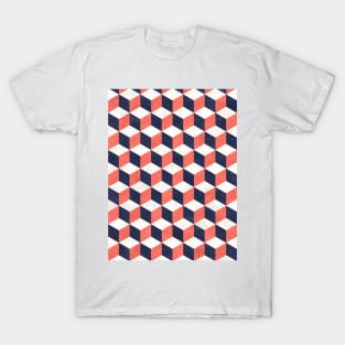 Geometric Cube Pattern - Coral, White, Blue Concrete T-Shirt